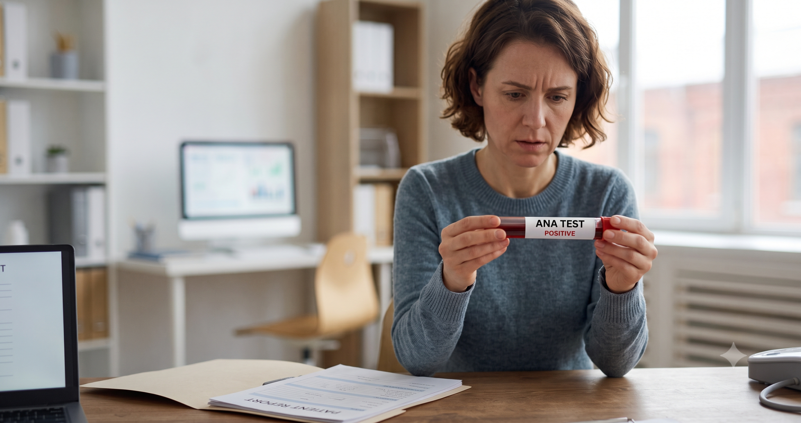 Woman looking concerned while reviewing a positive ANA blood test result at home