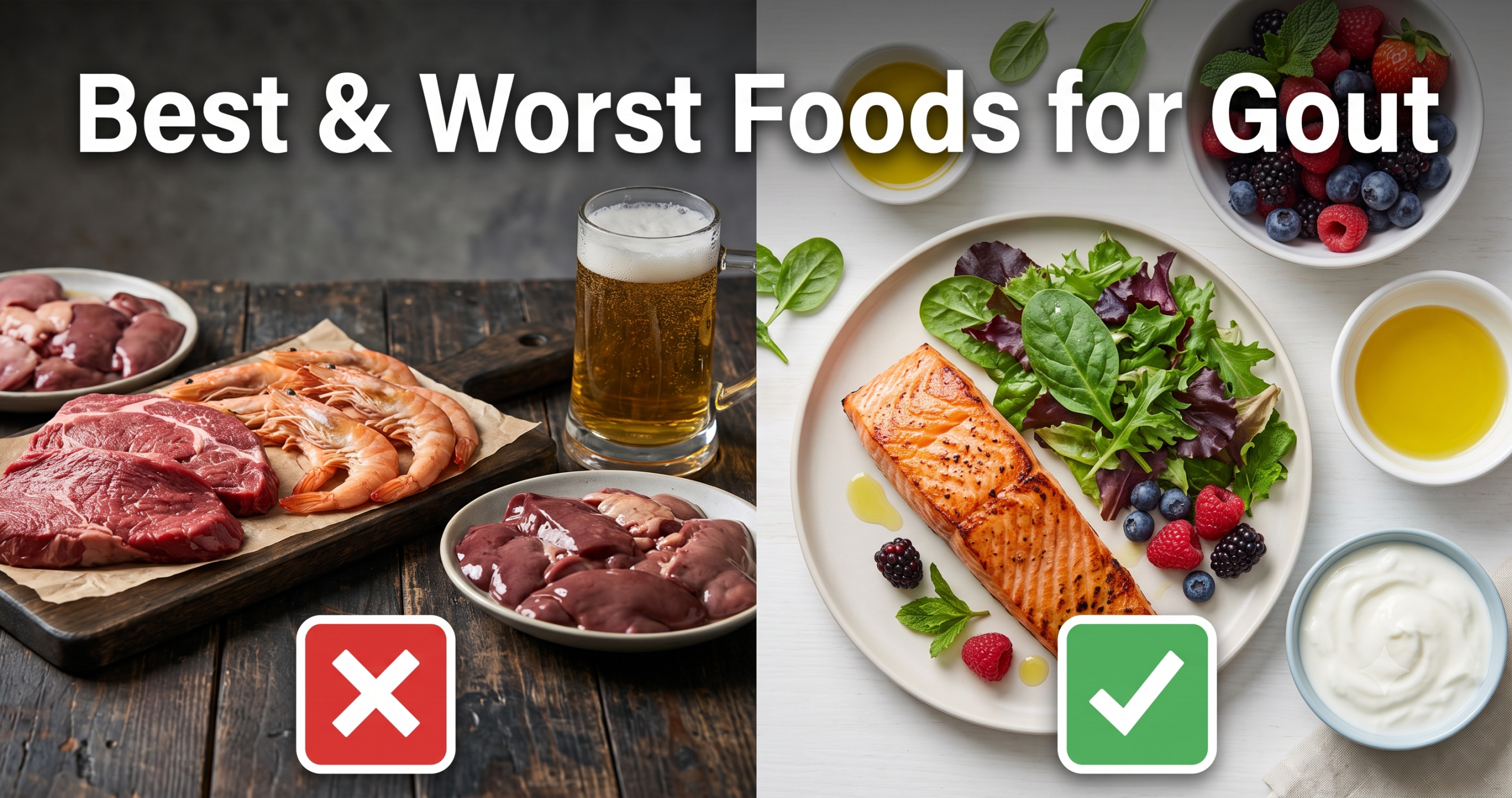 Split image comparing best and worst foods for gout, with red meat, shellfish, and beer on one side and salmon, leafy greens, and berries on the other