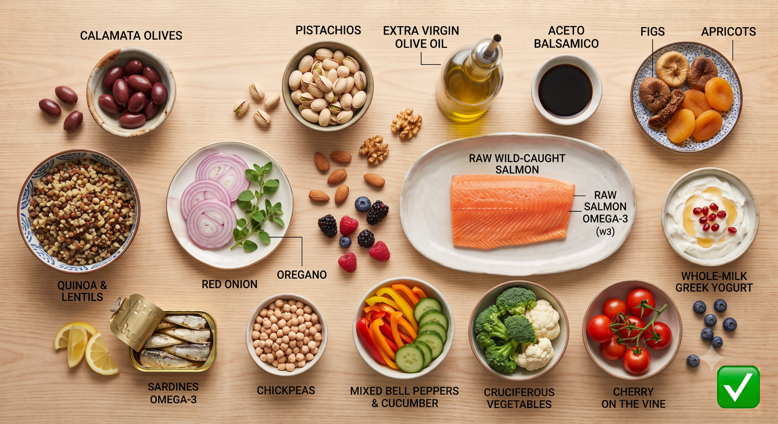Flat lay of anti-inflammatory foods for rheumatoid arthritis, including olive oil, wild-caught salmon, pistachios, calamata olives, figs, and apricots