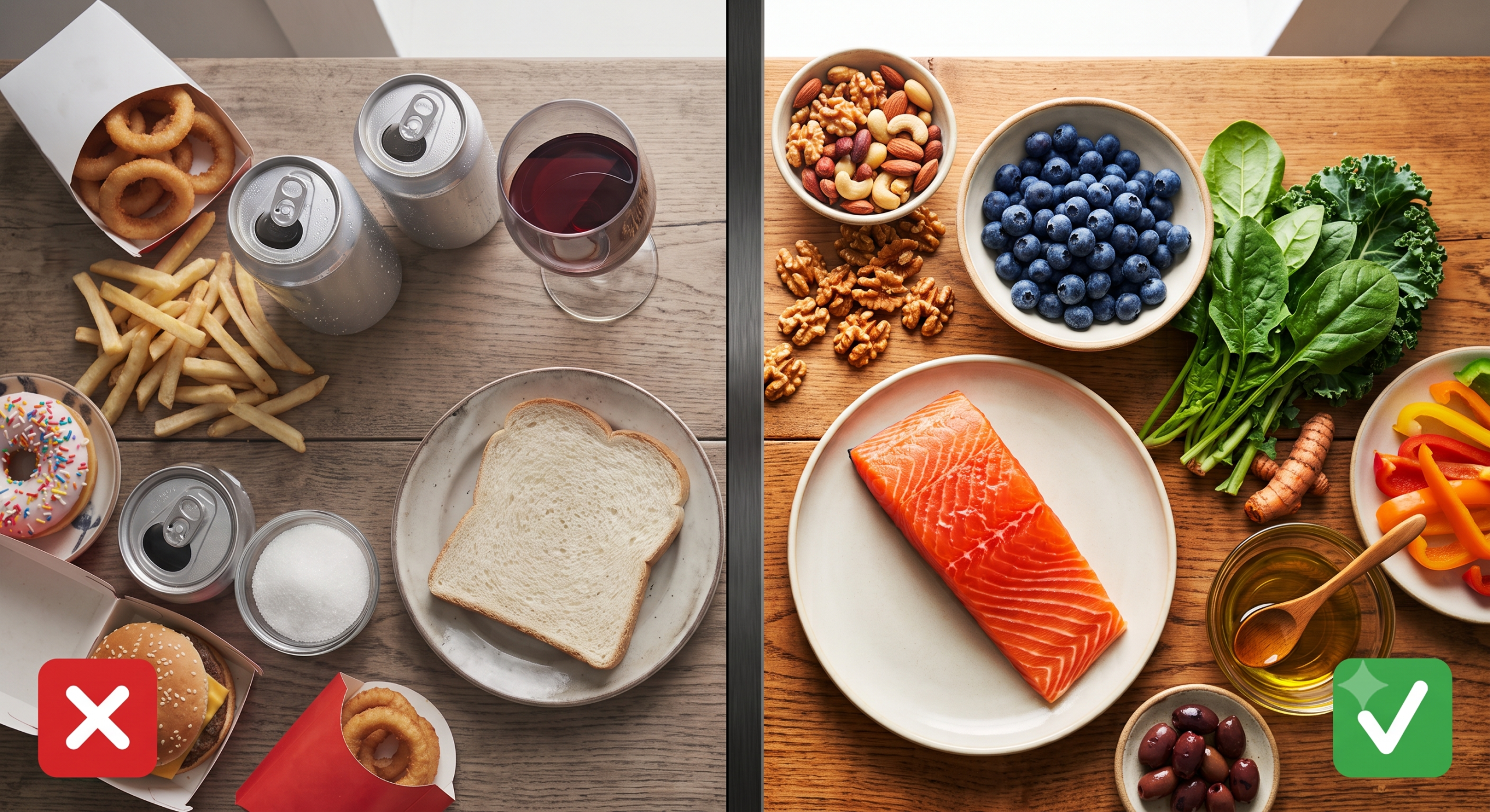Flat-lay comparison of inflammatory trigger foods and anti-inflammatory foods recommended for rheumatoid arthritis