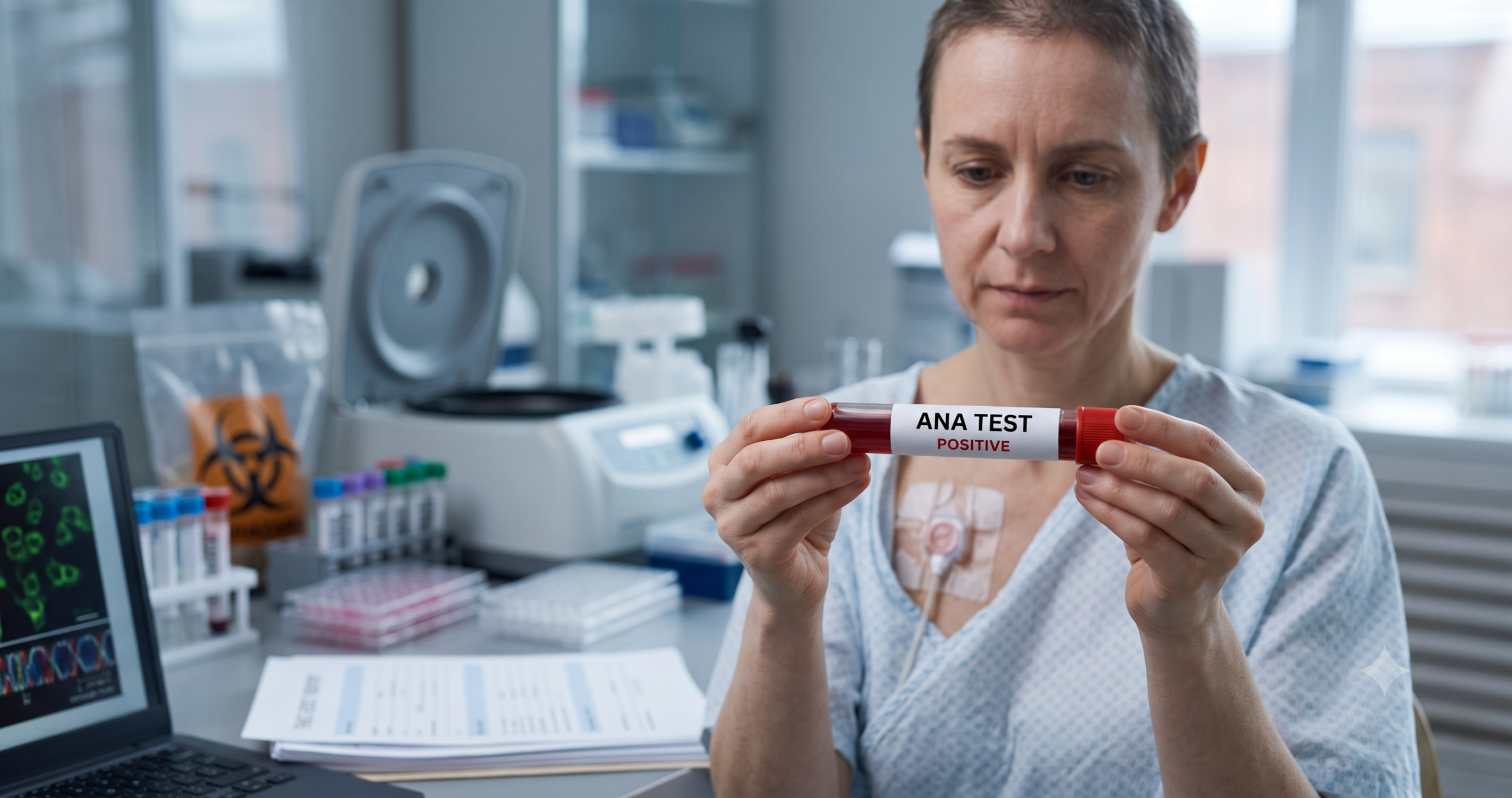 Patient holding a positive ANA test tube while discussing results in the context of a cancer diagnosis