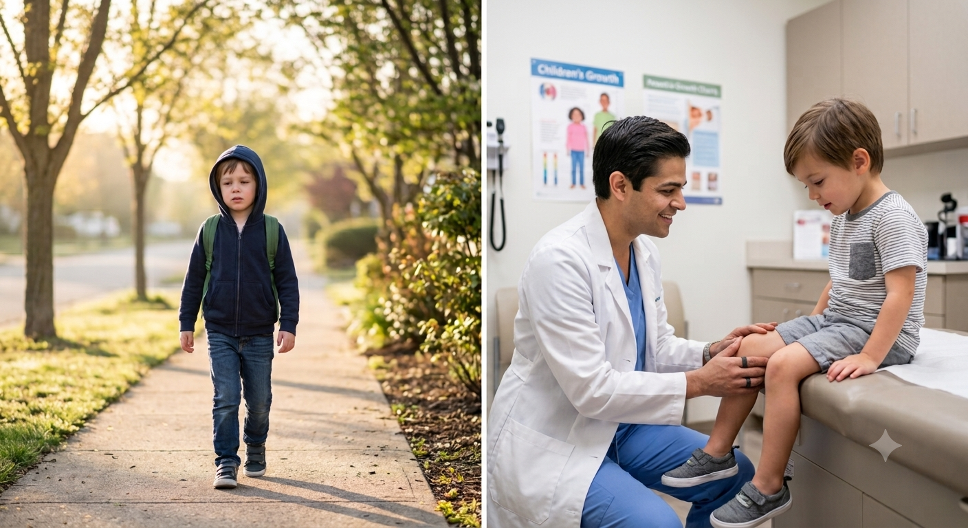 Pediatric rheumatologist examining a young boy's knee for signs of juvenile idiopathic arthritis